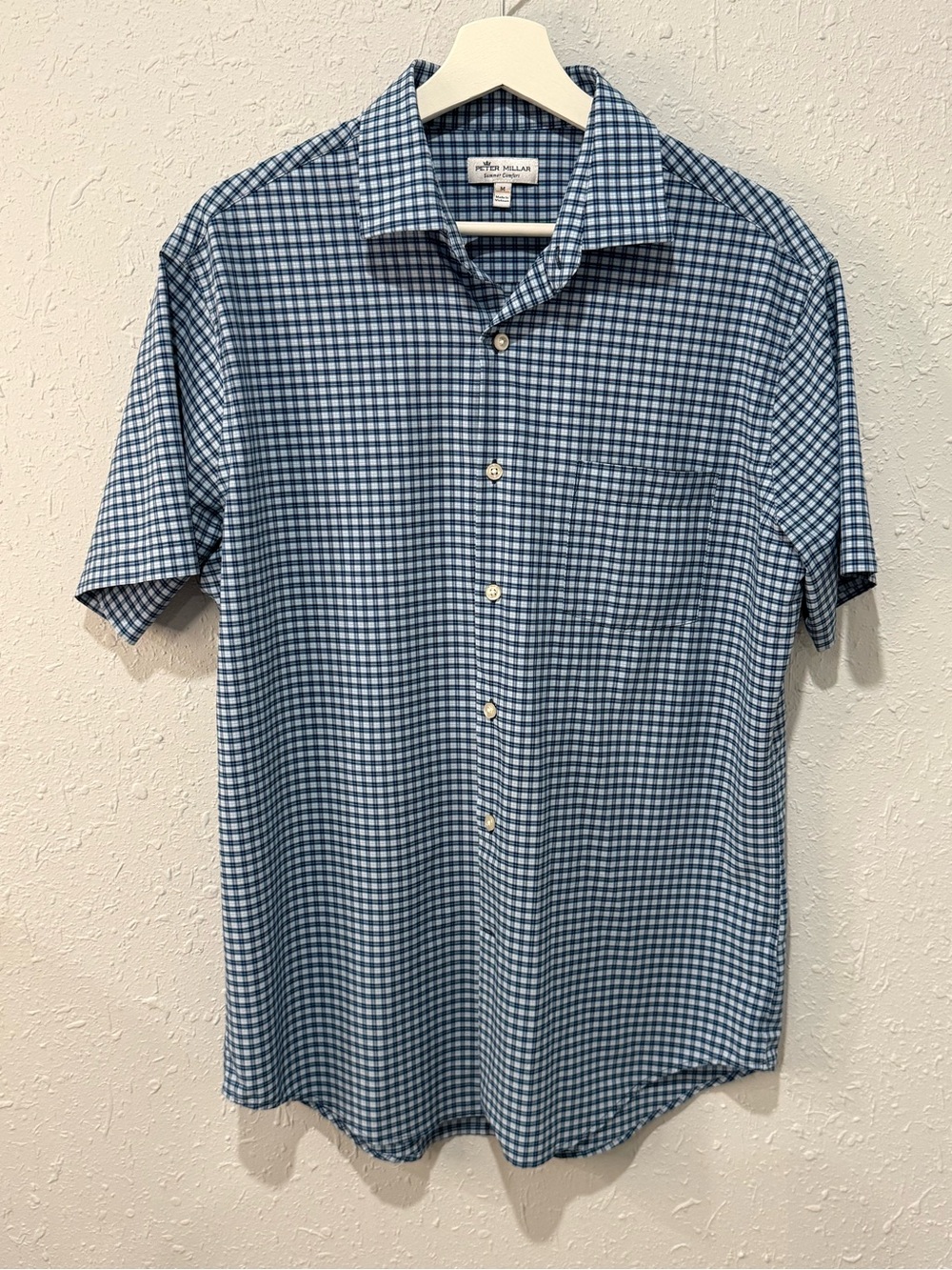 Peter Millar Blue and White Gingham Short-Sleeve Button-Down Shirt